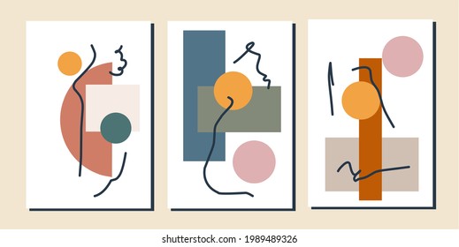 Set three of abstract Geometry painting wall art. Geometric patterns wall decor. Mid century modern wall Decorations. Minimalist home Decorations, cards, invitation, background, Wallpaper, poster.
