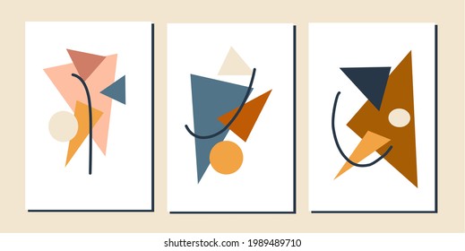 Set three of abstract Geometry painting wall art. Geometric patterns wall decor. Mid century modern wall Decorations. Minimalist home Decorations, cards, invitation, background, Wallpaper, poster.