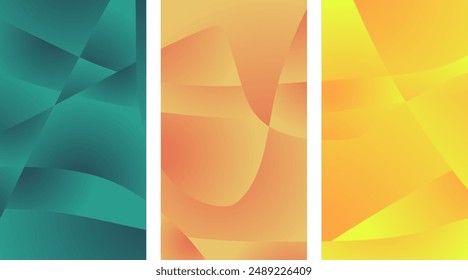 Set of three abstract gradient wave backgrounds in green, orange, and yellow tones. Featuring smooth, flowing lines, these designs are perfect for digital use in wallpapers banners covers, posters.