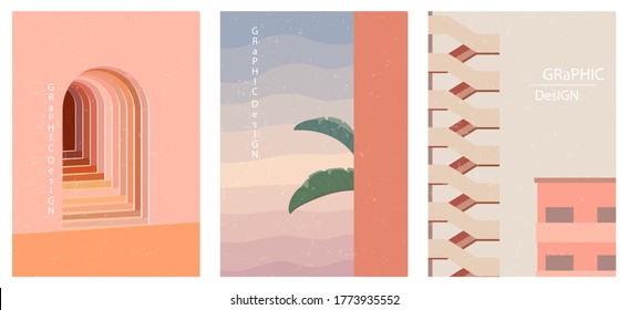 Set Of Three Abstract Graphic Aesthetic Backgrounds With Stairs, Arc, Leaves In Boho Style. Trendy Vector Illustration In Terracotta Colors For Wall Decoration, Postcard Or Brochure, Social Media.