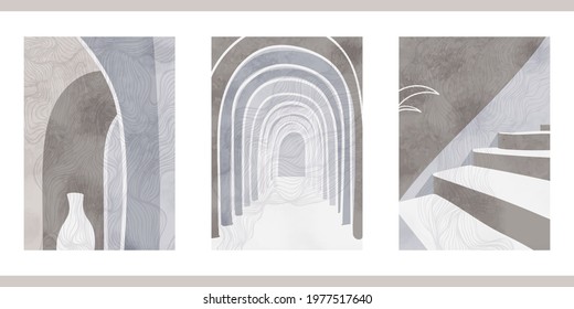 Set of three abstract graphic aesthetic backgrounds with stairs, arc, leaves in Boho style. Trendy vector illustration in gray colors for wall decoration, postcard or brochure, social media.