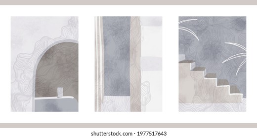 Set of three abstract graphic aesthetic backgrounds with stairs, arc, leaves in Boho style. Trendy vector illustration in gray colors for wall decoration, postcard or brochure, social media.