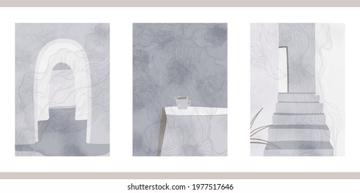 Set of three abstract graphic aesthetic backgrounds with stairs, arc, leaves in Boho style. Trendy vector illustration in gray colors for wall decoration, postcard or brochure, social media.