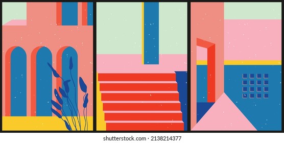 Set of three abstract graphic aesthetic backgrounds with stairs, arc, leaves in Boho style. Trendy vector illustration in bright colors for wall decoration, postcard or brochure, social media.