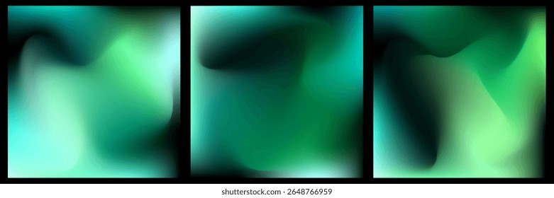 Set of three abstract green gradient backgrounds with smooth blurry textures and dark-to-light transitions. Ideal for tech, nature themes, modern apps, websites, or branding visuals.