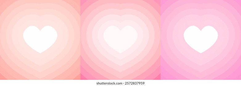 Set of three abstract heart designs with white central hearts surrounded by layered gradient shapes in peach, pink, and magenta tones. Valentine-themed backgrounds. Valentines Day and love concept