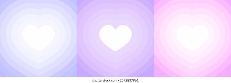 Set of three abstract heart designs with white central hearts surrounded by layered gradient shapes in blue, lavender, and pink tones. Valentine-themed backgrounds. Valentines Day and love concept