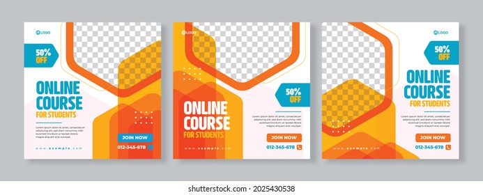 Set of three abstract hexagonal background of online course promotion banner social media pack template premium vector