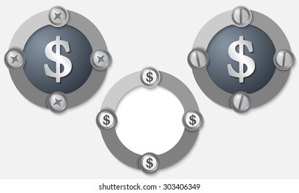 Set of three abstract icons with screws and dollar symbol