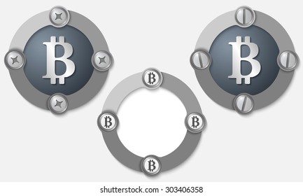 Set of three abstract icons with screws and bit coin symbol
