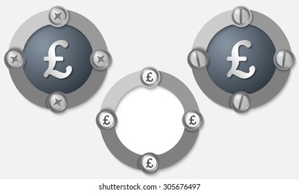 Set of three abstract icons with screws and pound sterling symbol