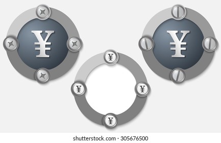 Set of three abstract icons with screws and yen symbol