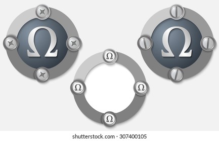 Set of three abstract icons with screws and omega symbol