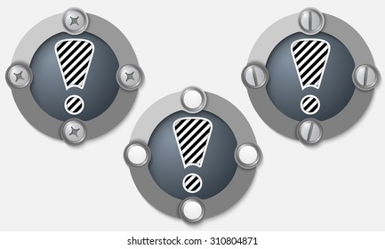 Set of three abstract icons with screws and exclamation mark