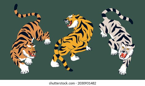 Set of three abstract isolated Tigers. Tiger walk. Japanese or Chinese oriental style. Hand drawn colored Vector illustration. Print, logo, poster template, tattoo idea. Symbol of 2022 new year