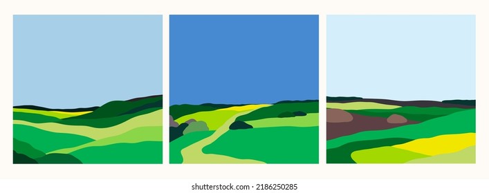 Set of three abstract Landscapes. Colorful sky, field, grass, green hills, horizon. Flat design. Nature, tourism, travel concept. Hand drawn trendy Vector illustration. Square backgrounds