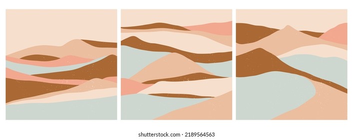Conjunto de tres paisajes abstractos. Dibujo a mano a la moda ilustración Vector. Fondos cuadrados