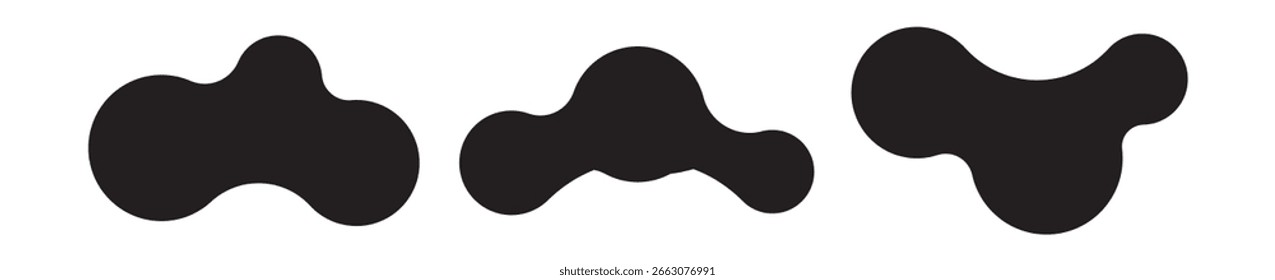Satz von drei abstrakten Metaball-Formen mit verbundenen Punkten und Morphing-Blobs. Geometrische Vektorsymbole mit flüssigen, organischen Metaballformen. Ideal für Etiketten, Poster, Aufkleber
