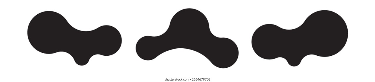 Conjunto de tres Formas metabólicas abstractas con puntos conectados y blobs que se transforman. Iconos vectoriales geométricos con formas metabólicas fluidas y orgánicas. Ideal para etiquetas, carteles, pegatinas