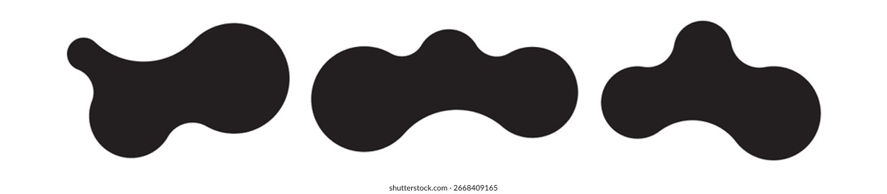 Conjunto de tres Formas metabólicas abstractas con puntos conectados y blobs que se transforman. Iconos vectoriales geométricos con formas metabólicas fluidas y orgánicas. Ideal para etiquetas, carteles, pegatinas