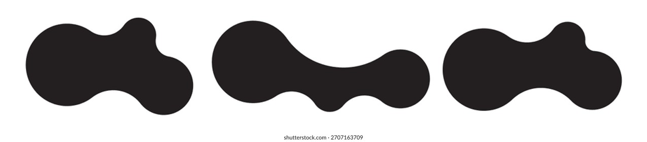 Set of three abstract metaball shapes with connected dots and morphing blobs. Geometric vector icons with fluid, organic metaball forms. Vector illustration