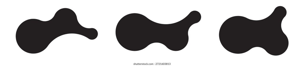 Set of three abstract metaball shapes with connected dots and morphing blobs. Geometric vector icons with fluid, organic metaball forms. Vector illustration