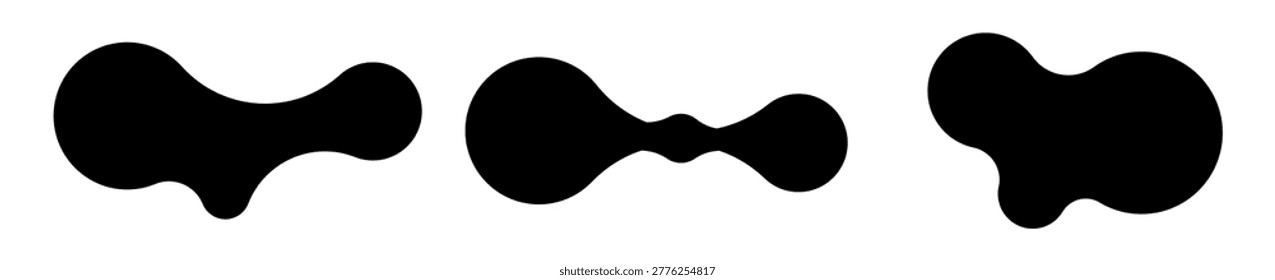 Set of three abstract metaball shapes with connected dots and morphing blobs. Geometric vector icons with fluid, organic metaball forms. Vector illustration