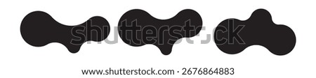 Set of three abstract metaball shapes with connected dots and morphing blobs. Geometric vector icons with fluid, organic metaball forms. Ideal for labels, posters, stickers, templates