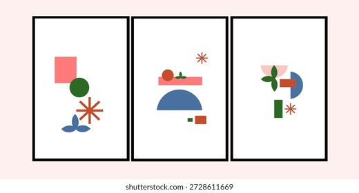 Conjunto de tres arte abstracto de pared moderno de mediados de siglo. Impresión de pared de geometría en casa estética.