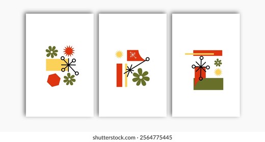 Set of three abstract mid-century wall art. Geometry poster vector collection and wall print.