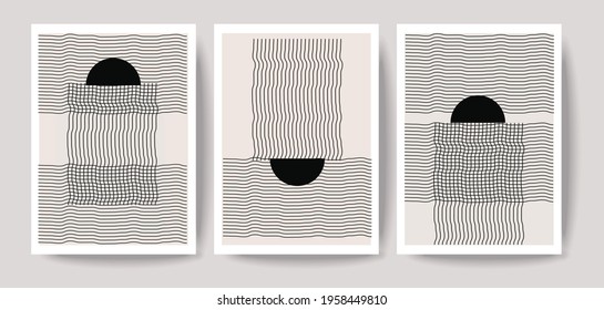 Set of three abstract minimal creative artistic hand painted compositions.   Wall decoration or postcard, vector illustration
