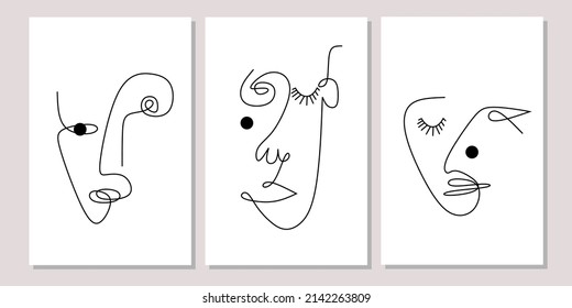 Set of three abstract minimal line art face wall art. One line continuous women face wall decor. Abstract portrait contemporary wall Decorations. Can use for poster, social media, wallpaper and cards.