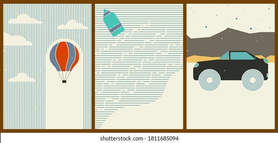 Set of three abstract minimalist aesthetic backgrounds with balloon, boat, car, dots, thin lines. Trendy colorful vector illustration for social networks, web design in vintage style.