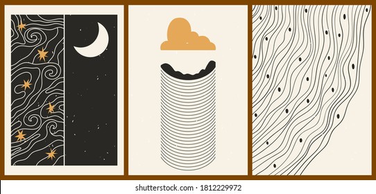 Set of three abstract minimalist aesthetic backgrounds with thin lines, stars, clouds, moon. Trendy colorful vector illustration for social networks, web design in vintage boho style.