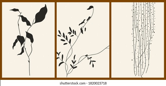 A set of three abstract minimalist aesthetic floral illustrations. Black silhouettes of plants on a light background. Modern monochrome vector posters for social media, web design in vintage style.