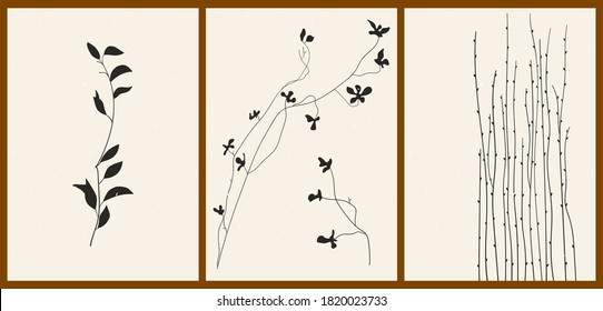 A set of three abstract minimalist aesthetic floral illustrations. Black silhouettes of plants on a light background. Modern monochrome vector posters for social media, web design in vintage style.