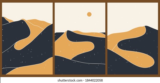 Set of three abstract minimalist aesthetic backgrounds with sun, desert, dune, landscape. Trendy colorful vector illustration for social networks, web design in vintage boho style.