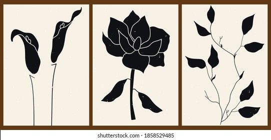 A set of three abstract minimalist aesthetic floral illustrations. Black silhouettes of plants on a light background. Modern monochrome vector posters for social media, web design in vintage style.