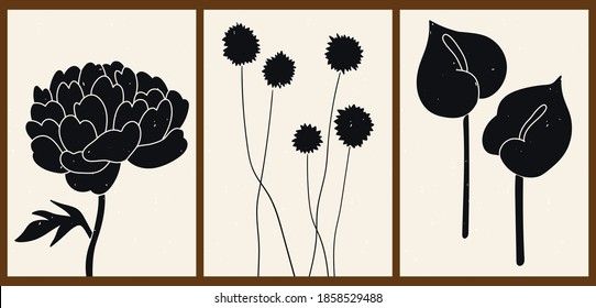 A set of three abstract minimalist aesthetic floral illustrations. Black silhouettes of plants on a light background. Modern monochrome vector posters for social media, web design in vintage style.