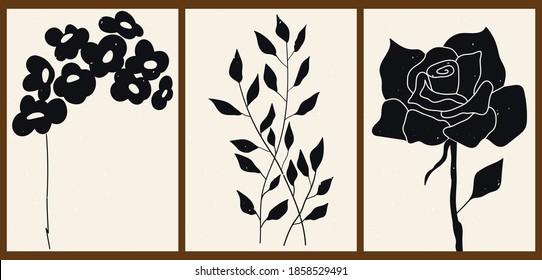 A Set Of Three Abstract Minimalist Aesthetic Floral Illustrations. Black Silhouettes Of Plants On A Light Background. Modern Monochrome Vector Posters For Social Media, Web Design In Vintage Style.