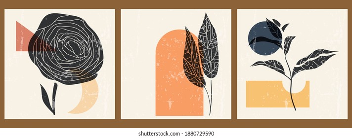 A set of three abstract minimalist aesthetic floral illustrations. Black silhouettes of plants on a light background. Modern monochrome vector posters for social media, web design in vintage style.