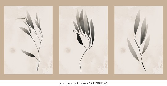 A set three abstract minimalist aesthetic floral illustrations  Black silhouettes plants light background  Modern monochrome vector posters for social media  web design in vintage style 