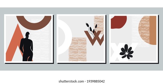 Set of three abstract minimalist aesthetic backgrounds with thin lines, floral patterns, plants, woman, geometric shapes. Trendy vector illustration for social media, web design in vintage boho style.