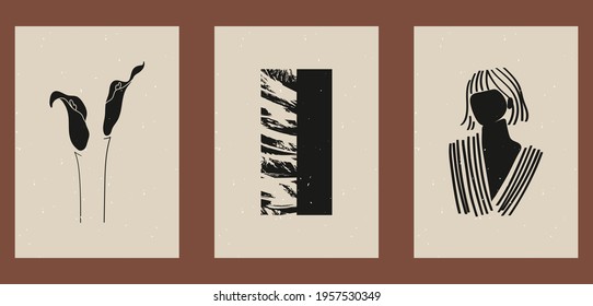 Set of three abstract minimalist aesthetic backgrounds with thin lines, floral patterns, plants, woman. Trendy colorful vector illustration for social networks, web design in vintage boho style.