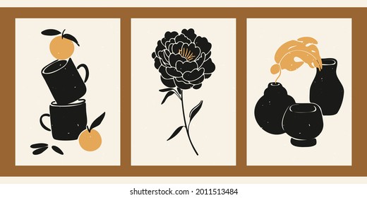 A set of three abstract minimalist aesthetic floral illustrations. Black silhouettes of plants on a light background. Modern monochrome vector posters for social media, web design in vintage style.