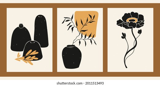 A set of three abstract minimalist aesthetic floral illustrations. Black silhouettes of plants on a light background. Modern monochrome vector posters for social media, web design in vintage style.