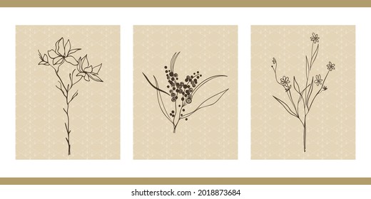 Un conjunto de tres ilustraciones estéticas estéticas florales abstractas y minimalistas. Silhouettes oscuras de plantas en un fondo claro. Afiches vectoriales modernos para medios sociales, diseño web al estilo escandinavo vintage.