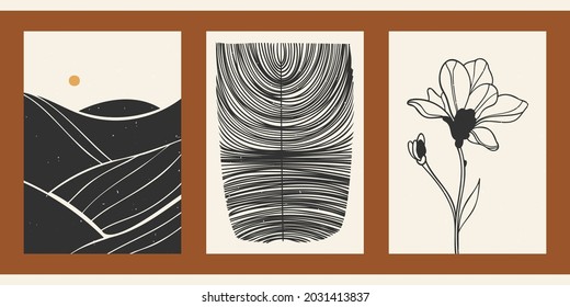 Set of three abstract minimalist aesthetic backgrounds with sun, landscape, thin lines, patterns, plant. Trendy black and gold vector illustration for social media, web design in vintage boho style.