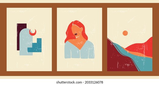 Satz von drei abstrakten minimalistischen ästhetischen Hintergründen mit Halbmond, Landschaft, Mustern, Frauenporträts. Trendy bunter Vektorgrafik für Social Media, Web-Design in Vintage boho Stil.