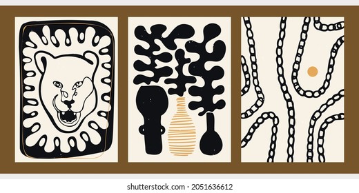 Set of three abstract minimalist aesthetic backgrounds with sun, moon, thin lines, patterns, leopard, plant. Trendy colorful vector illustration for social networks, web design in vintage boho style.
